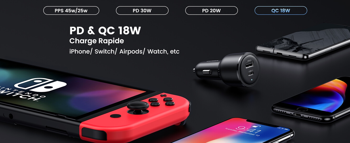 63w chargeur voiture usb c 45w pps