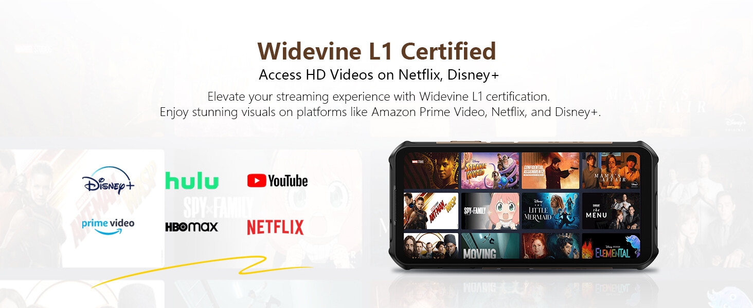 Texte : « Certifié WideVine L1 ». Logos de services de streaming, dont Disney+, Hulu, YouTube et Netflix, affichés sur plusieurs panneaux.