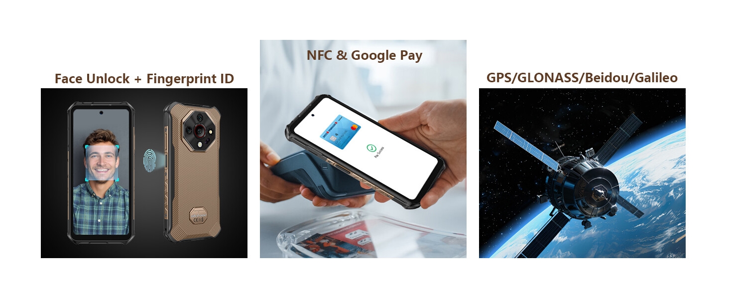 Composite en trois panneaux montrant des interfaces technologiques et un satellite. Comprend une interface avec un écran de téléphone, une interaction tactile et une vue orbitale du satellite.