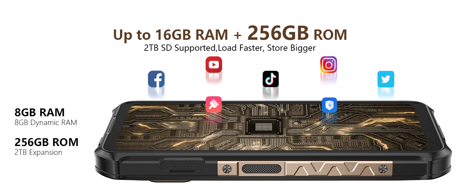 Texte : « Jusqu'à 16 Go de RAM + 256 Go de ROM ». Diagramme des spécifications du produit montrant les capacités de mémoire du smartphone avec des icônes de réseaux sociaux.