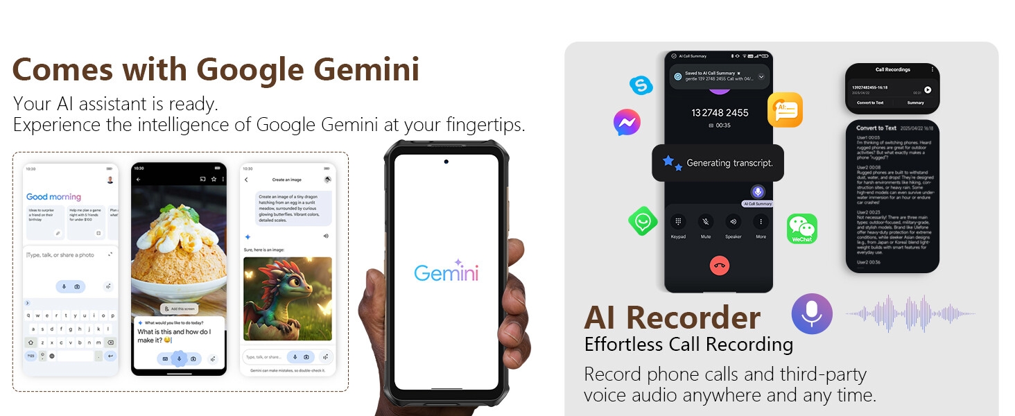 Le texte indique « Livré avec Google Gemini » suivi de captures d'écran de l'interface de l'application mobile montrant les fonctionnalités de l'assistant IA et les affichages en mode sombre