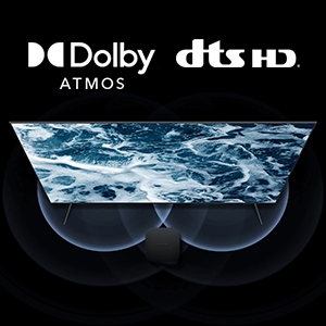 Dolby Atmos et DTS HD sont placés au-dessus d'une image stylisée de deux écrans incurvés superposés affichant de l'