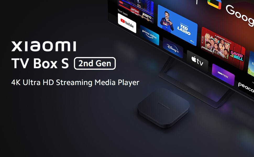Xiaomi TV Box S 2nd Gen, un lecteur multimédia en streaming 4K Ultra HD. Appareil noir illustré avec une interface utilisateur affichant diverses applications de streaming.
