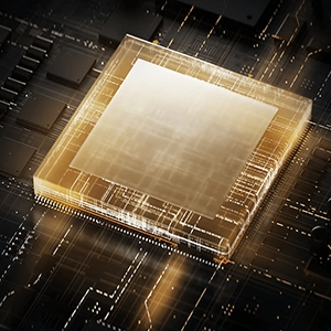 une puce informatique au design doré et blanc.