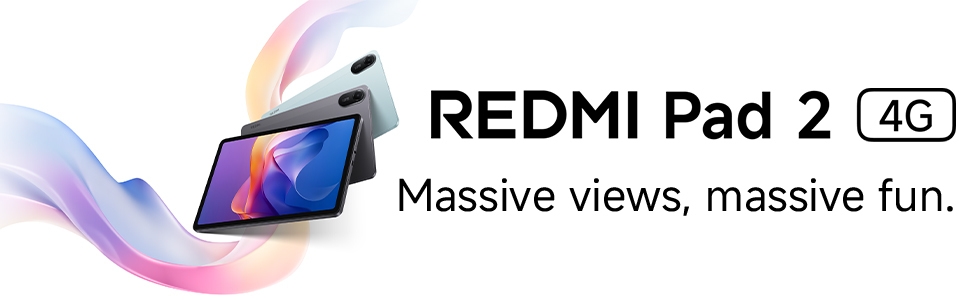 Redmi Pad 2 4G tablet advertisement showing the device with colorful flowing background graphics and product name text.
