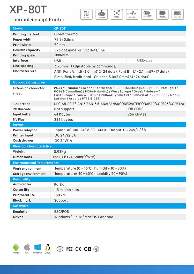 Xprinter XP-80T POS Printer 80mm USB Thermique Reçu Printer Restaurant Cuisine Imprimante avec Auto Cutter Support Cash Drawer