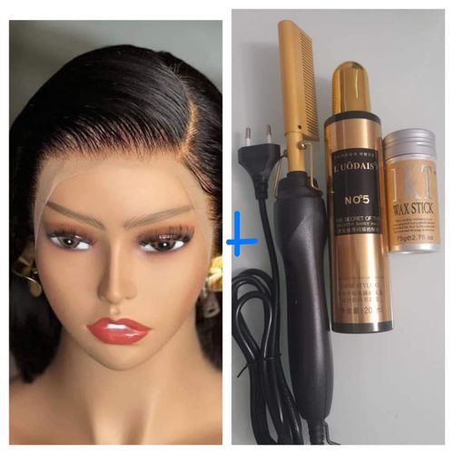 Perruque Coupe Carré L/10 + Peigne , Effet Moullé, Gel Lisseur