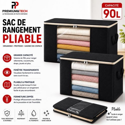 Sac de Rangement Pliable Grande Capacité 90L - Organisateur de Vêtements, Couvertures et Draps avec Fenêtre Transparente et Fermeture Zippée - Noir