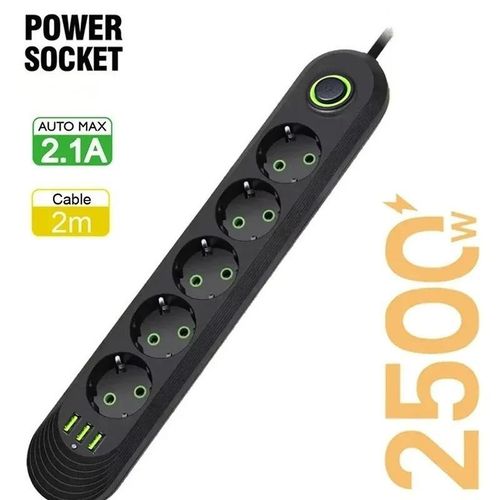 UE prise 2500W 5 trous + 3 USB 2M câble d'extension carte d'alimentation ronde broche AC prise adaptateur de charge maison port USB prise de charge rapide