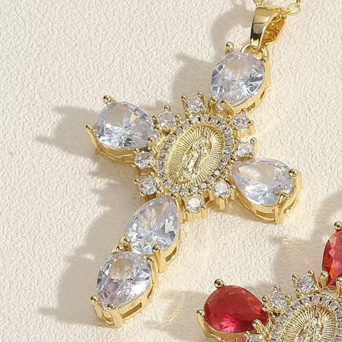 Collier Croix Vierge Marie Zircon Or/Blanc pour Femme, Chaîne Torsadée Épaisse, Acier Inoxydable Statement, Prix Spécial