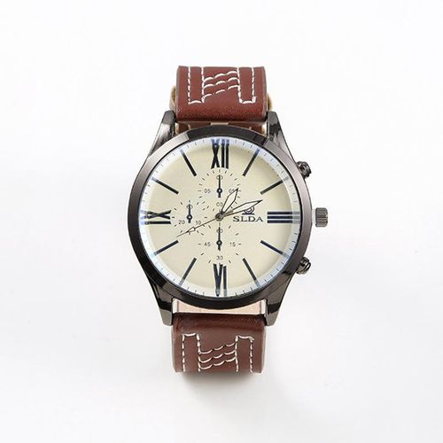 Montre à quartz chronographe homme à cadran beige, bracelet en cuir marron, style affaires décontracté