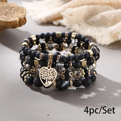 Ensemble 4 Pièces Bracelets Bohèmes pour Femmes à Franges Créatives et Perles Multicouches - Noir