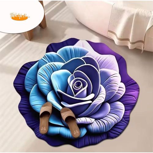 Tapis Rond à Motif Floral 3D Style Moderne Antidérapant, Séchage Rapide, Absorbant L'eau – Tapis de Sol Décoratif Ultra Doux pour Chambre, Salon & Salle de Bain(Violet-Bleu)