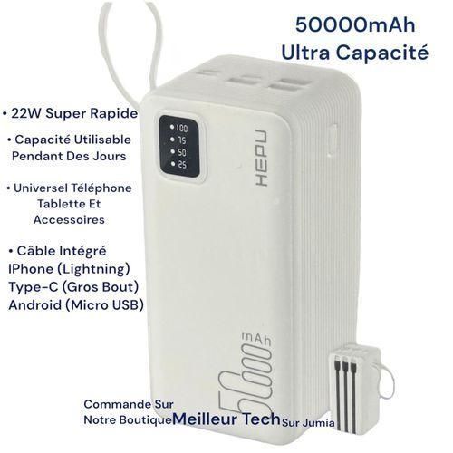 Power Bank 50 000mAh Ultra Capacité 22W Blanc - Charge Super Rapide - Pour IPhone Samsung Xiaomi Huawei Tecno Etc