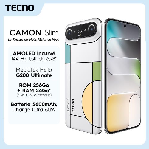 CAMON SLIM - 256Go ROM - 24Go RAM (16 Extended RAM) - 6.39 - IP69 IP68 - 5600mAh - 60W - 4G - Mondrian