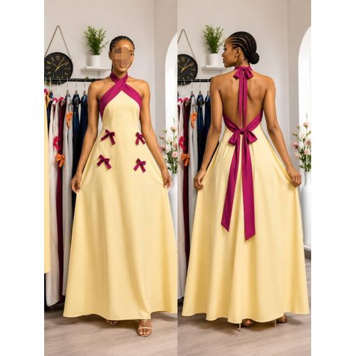 Robe Longue Chic Croisée Beige & Fuchsia