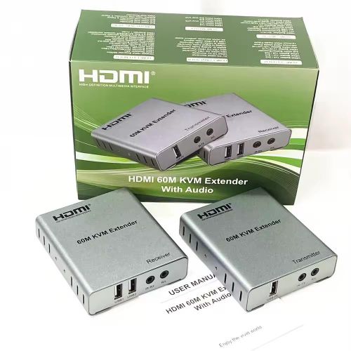 extendeur HDMI KVM 60 mètres avec audio. Il permet de transmettre l’image et le son d’un ordinateur ou d’une autre source HDMI vers un écran situé jusqu’à 60 m, en utilisant généralement un câble réseau RJ45 Cat5e/Cat6.