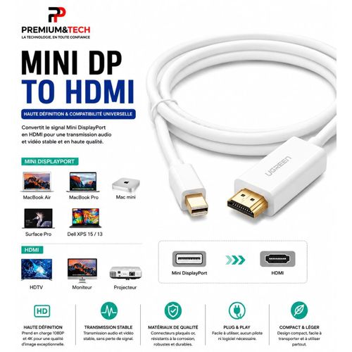 Câble Adaptateur Mini DisplayPort (Mini DP / Thunderbolt 2) vers HDMI - Câble Vidéo Haute Définition 1080p / 4K Pour MacBook, Surface et Écran - Blanc, 1.8M