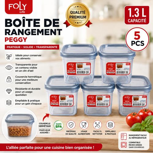 Lot de 5 Boîtes de Rangement Alimentaire Hermétiques 1,3 L – Transparentes et Empilables