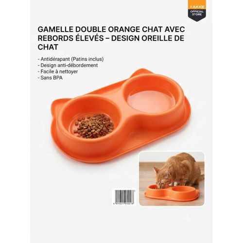 Double Gamelle pour Chat et Chien avec Support Forme Oreilles de Chat - orange