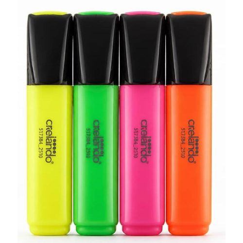 Importé de France Lot de 4 surligneurs CRELANDO. Pointe 2-5 mm. 4 couleurs différentes par emballage. longue durée d'utilisation. Qualité supérieure. Surlignez vos textes et faites en sorte qu'ils se remarquent grace aux différentes couleurs fluo.