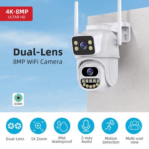 Caméra De Surveillance Extérieure Sans Fil HD Ai à Double Objectif PTZ Wifi 8MP 4K