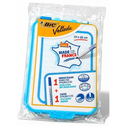 Mini tableau ardoise blanche effaçable BIC19 cm X 26cm+ 1 marqueur effaçable à sec. Double face 1 côté tout blanc et un côté ligné. Bleu Importé de France