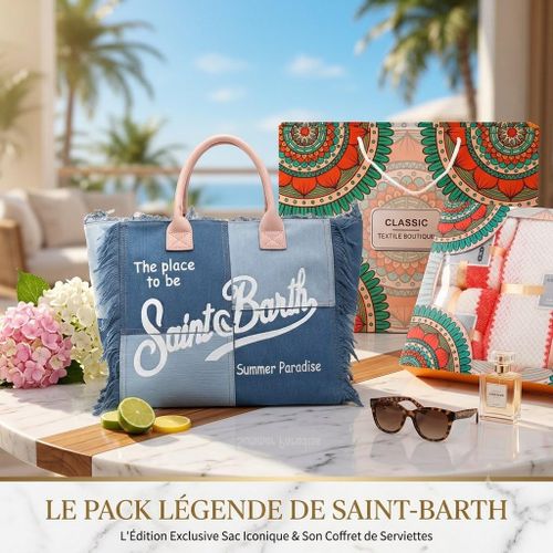Sac Cabas iconique+ coffret de 3 serviettes velours Corail de couleur Blanc paré de rouge, PACK LEGENDE DE SAINT-BARTH