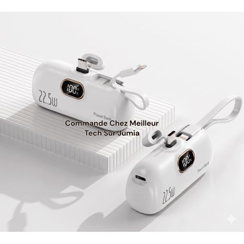 Mini Power Bank 5000mAh FTX586 Blanc – 22.5W PD Charge Rapide – Type-C et Iphone - Écran Digital LED