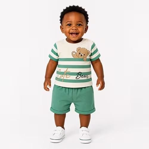 Ensemble Coton garçon – motif Cute Bear (6 à 24 mois) - Vert