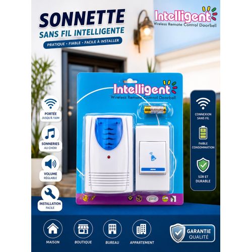 Sonnette Sans Fil Intelligente - Portée Jusqu’à 100 m - Volume Réglable - Installation Facile - 1 Émetteur + 1 Récepteur