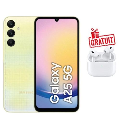 Galaxy A25 5G – Écran 6.5" Super AMOLED 120 Hz, 8 GB RAM / 256 GB + Triple Caméra 50 MP + Batterie 5000 mAh + Airpods Pro Écouteurs Bluetooth Offerts- Jeune