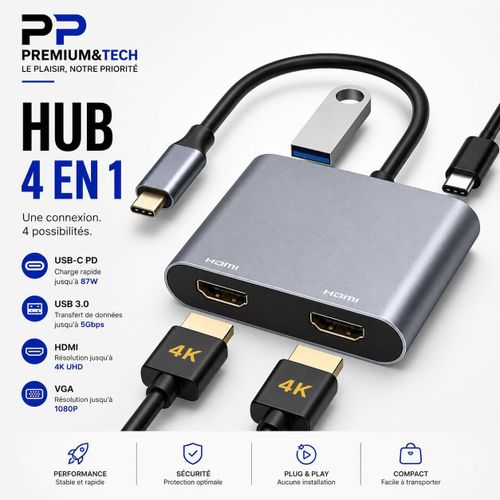 Hub USB-C 4 en 1 Multifonction – Station d'Accueil avec 2 Ports HDMI 4K, USB 3.0 et USB-C PD 87W