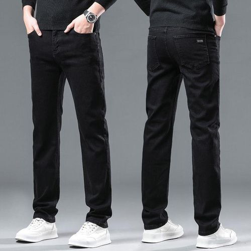 Jean Homme Noir Uni Coupe Droite Classique Tissu Denim Souple Décontracté Pour Quotidien Travail
