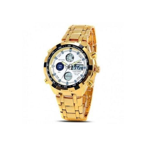 Montre Dual Chrono Analogique Et Numérique Quamer Or Fond Blanc