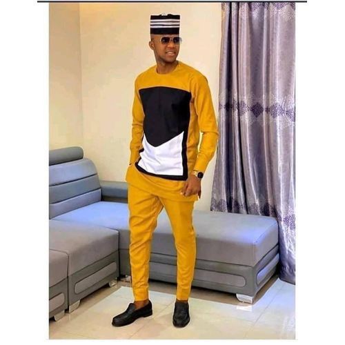 Ensemble Tunique Homme Manche Longue De Couleur Jaune