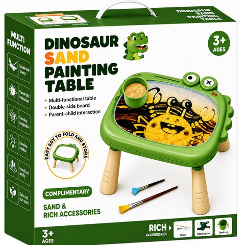 Table de Peinture au Sable Dinosaure pour Enfants 3+ – Table Créative Multifonctionnelle avec Sable, Cartes à Motifs, Lampes et Accessoires