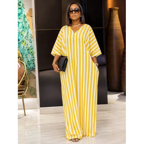 Boubou Caftan à Rayures Jaune et Blanches