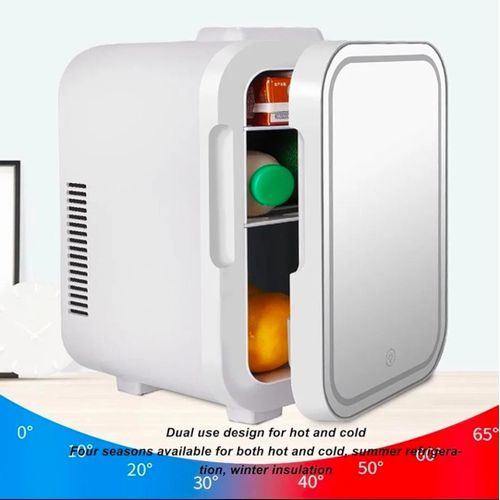 Mini réfrigérateur, 4 L, mini réfrigérateur de beauté avec miroir et lumière LED à intensité variable, refroidisseur portable et chaud compact pour nourriture, boissons, maquillage pour chambre à coucher, voiture