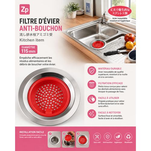 3 Filtre d'évier anti-bouchon en acier inoxydable – Diamètre 115 mm