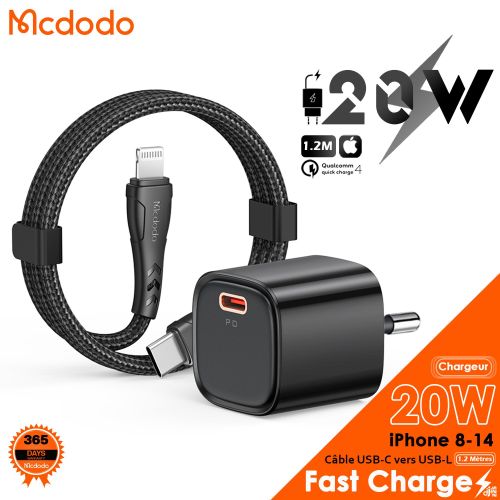 Chargeur Apple 20W Fast Charge, USB-C - Câble USB-C vers Lightning 36W- 1.2M -- Pour iPhone 8-14, iPad - NOIR