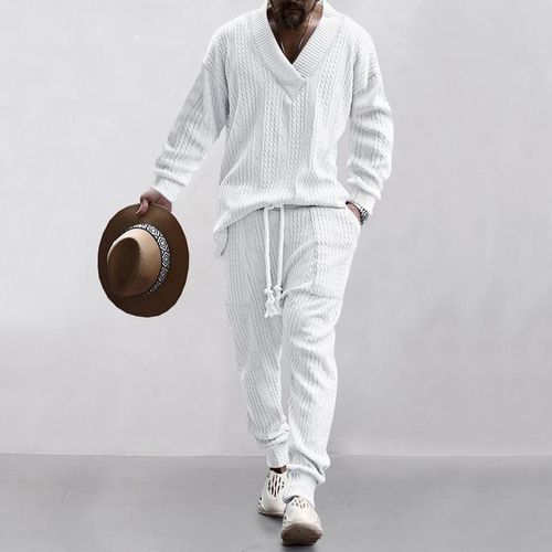 Ensemble Homme Pull + Pantalon Maille Tricotée – Style Chic Décontracté BLANC