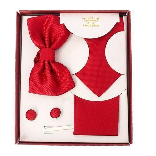 Coffret Accessoires Cravate + Pince + Nœud Papillon + Pochette + Bouton De Manchettes - Rouge