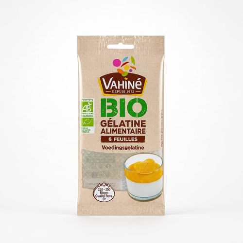 Vahiné, gélatine alimentaire Bio, en feuilles, paquet de 6 feuillesPour pâtisserieMultiples usagesParfaite pour réussir vos panna cottas, crèmes, entremets, bavarois.
