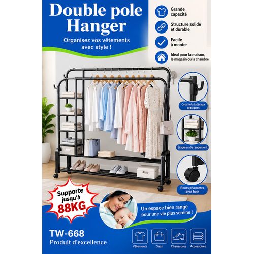 Portant à Vêtements Double Barre avec Étagères et Roulettes – Grande Capacité – Noir