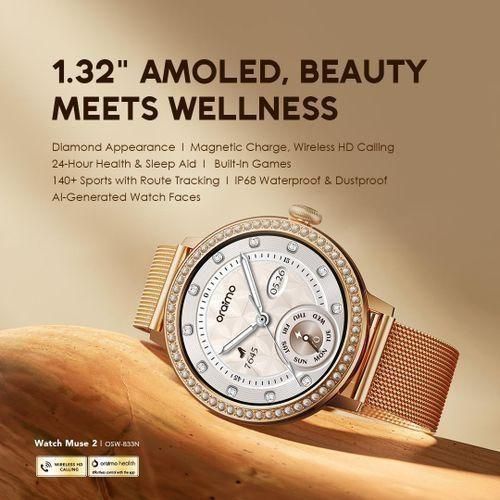 Watch Muse 2 Montre Connectée Appel HD Ecran AMOLED 1,32 Saumon - Montre Femme Design Diamant - Suivie Santé Et Loisir - 2 Bracelets