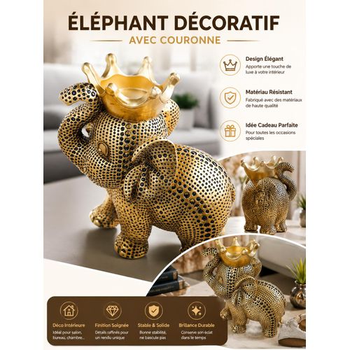 Statue Éléphant Décorative Dorée avec Couronne – Sculpture Luxe pour Maison