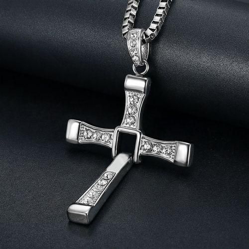 fashion bazaar Pendentif de croix pliable de diamant glacé cubain pour hommes avec chaîne Croix de bijoux d'argent pour hommes avec collier de diamant