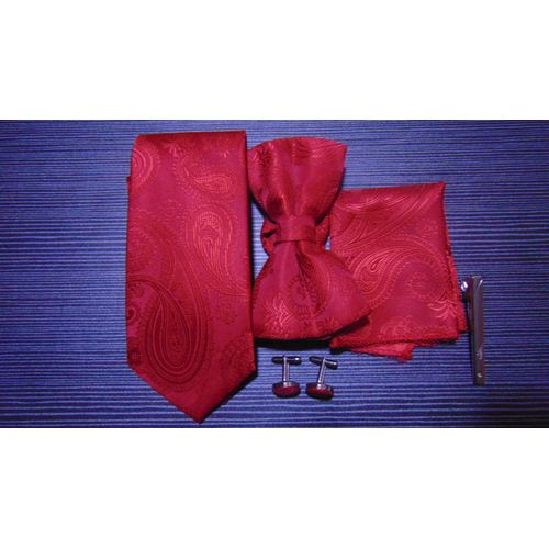 Cravate Rouge Paisley Avec Pochette Et Boutons De Manchette - Ensemble Accessoires Homme