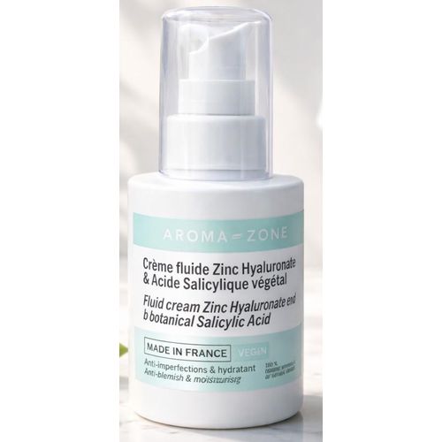 Crème Visage Hydratant, Matifiant AROMA ZONE Fluide Zinc Hyaluronate & Acide Salicylique 50ml Peaux Grasses Importé De France